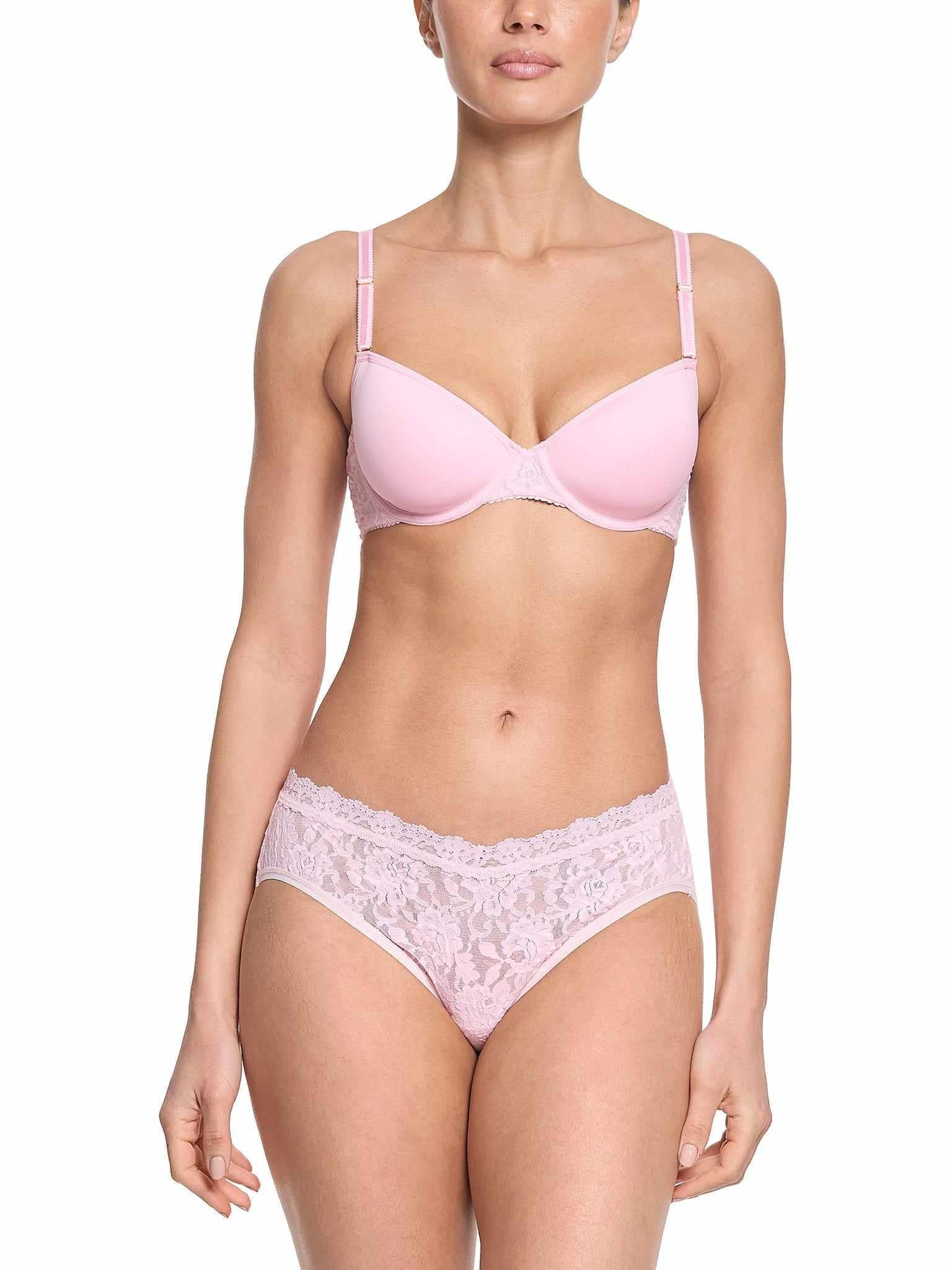 Bliss Pink Lace T-Shirt Bra with Matching Lace Thong - Full Front Set | Hanky Panky