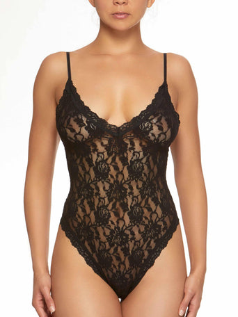 Black Signature Lace® Thong Back Bodysuit - Front View On Model | Hanky Panky