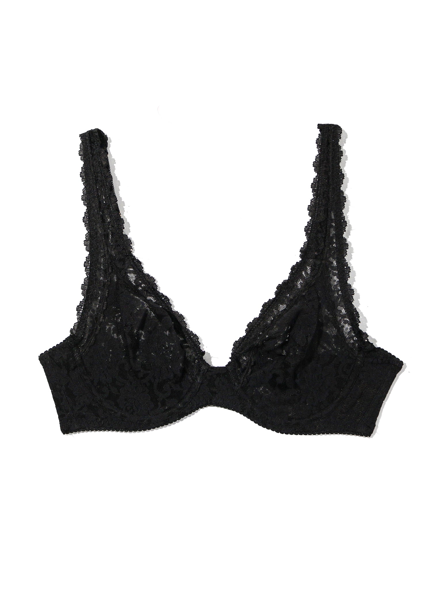 Black Signature Lace® Unlined Underwire Bra - Flat Lay Front View, Scalloped Lace Cups & Plunge Neckline | Hanky Panky