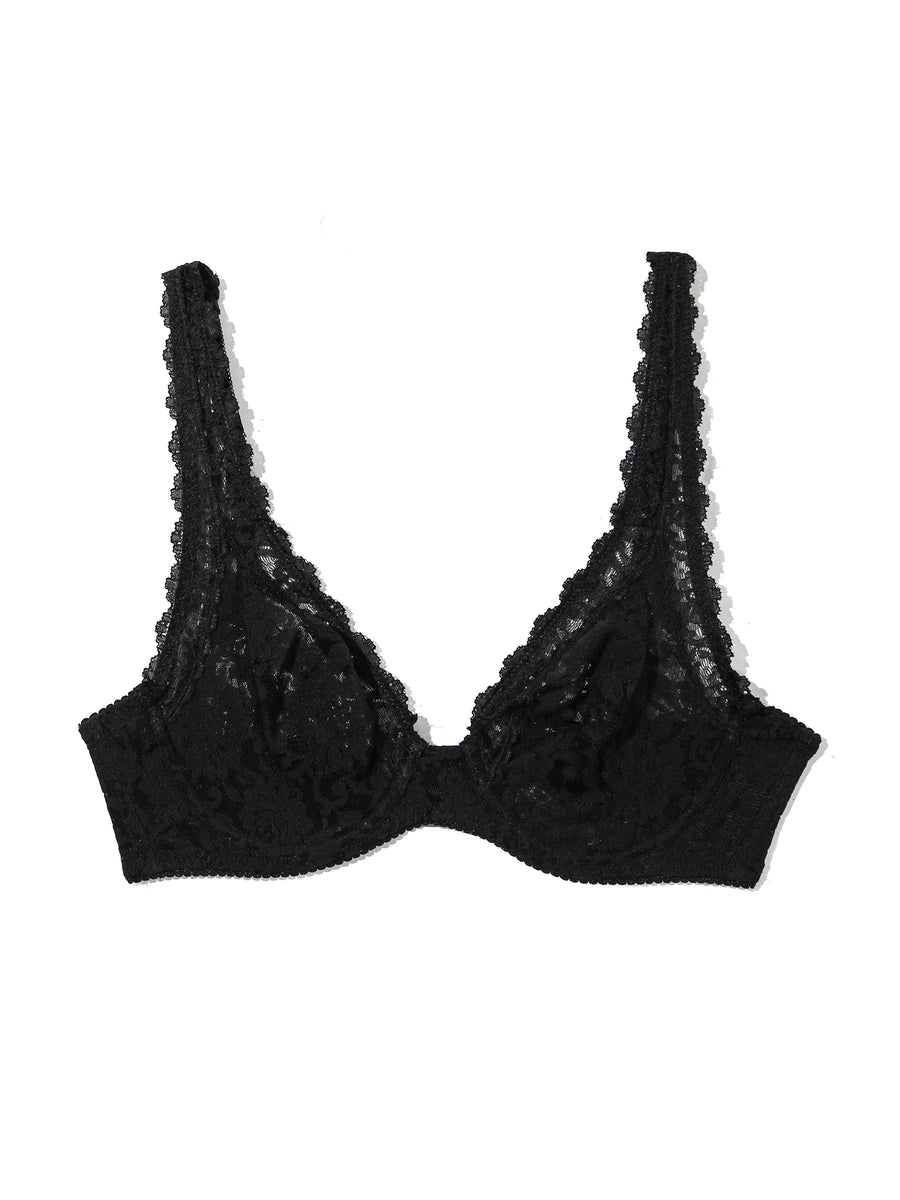 Black Signature Lace® Unlined Underwire Bra - Flat Lay Front View, Scalloped Lace Cups & Plunge Neckline | Hanky Panky
