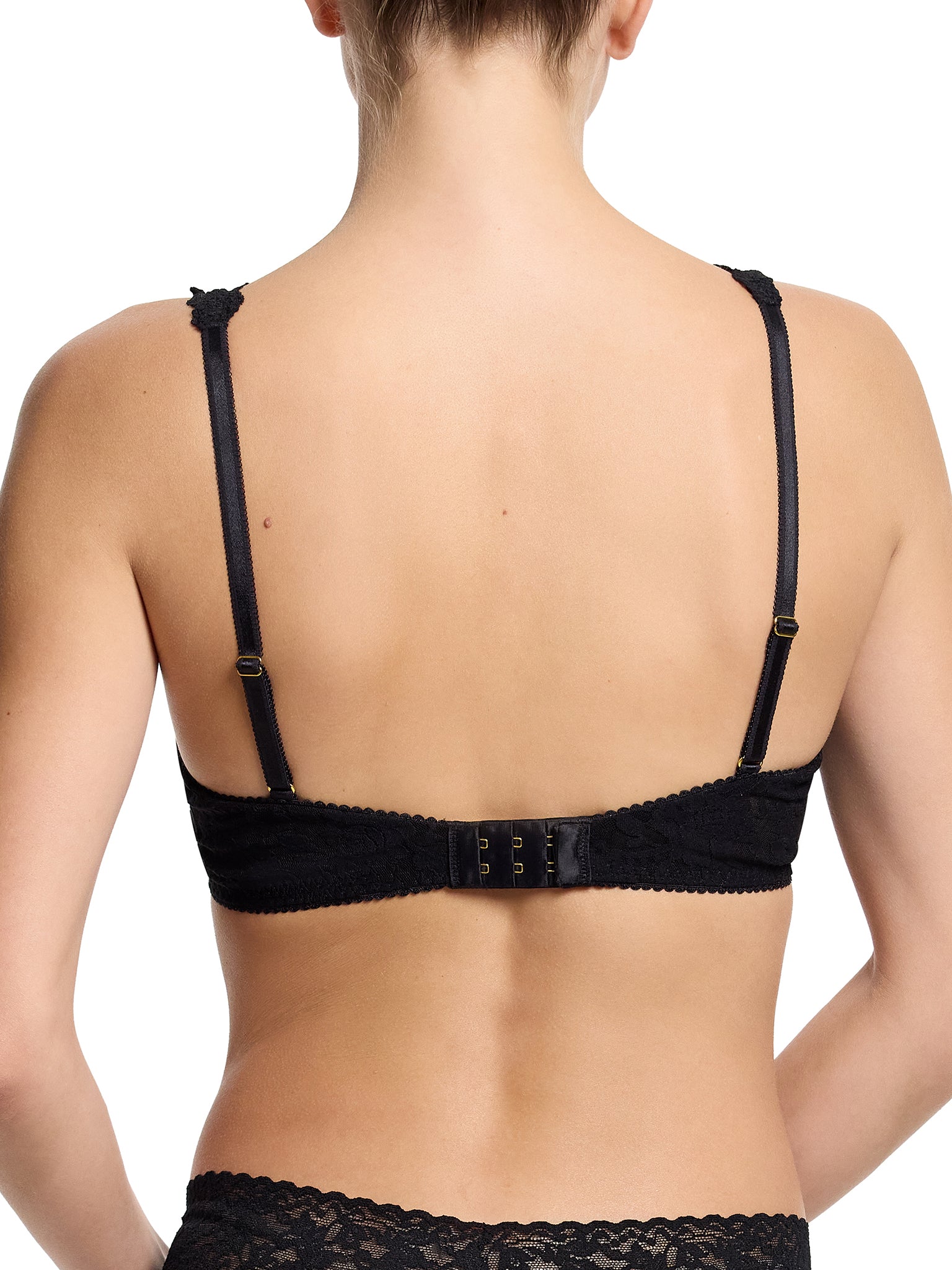 Black Lace Underwire Bra - On Model Back Detail, Gold-Tone Hook Closure & Adjustable Straps Close-Up | Hanky Panky