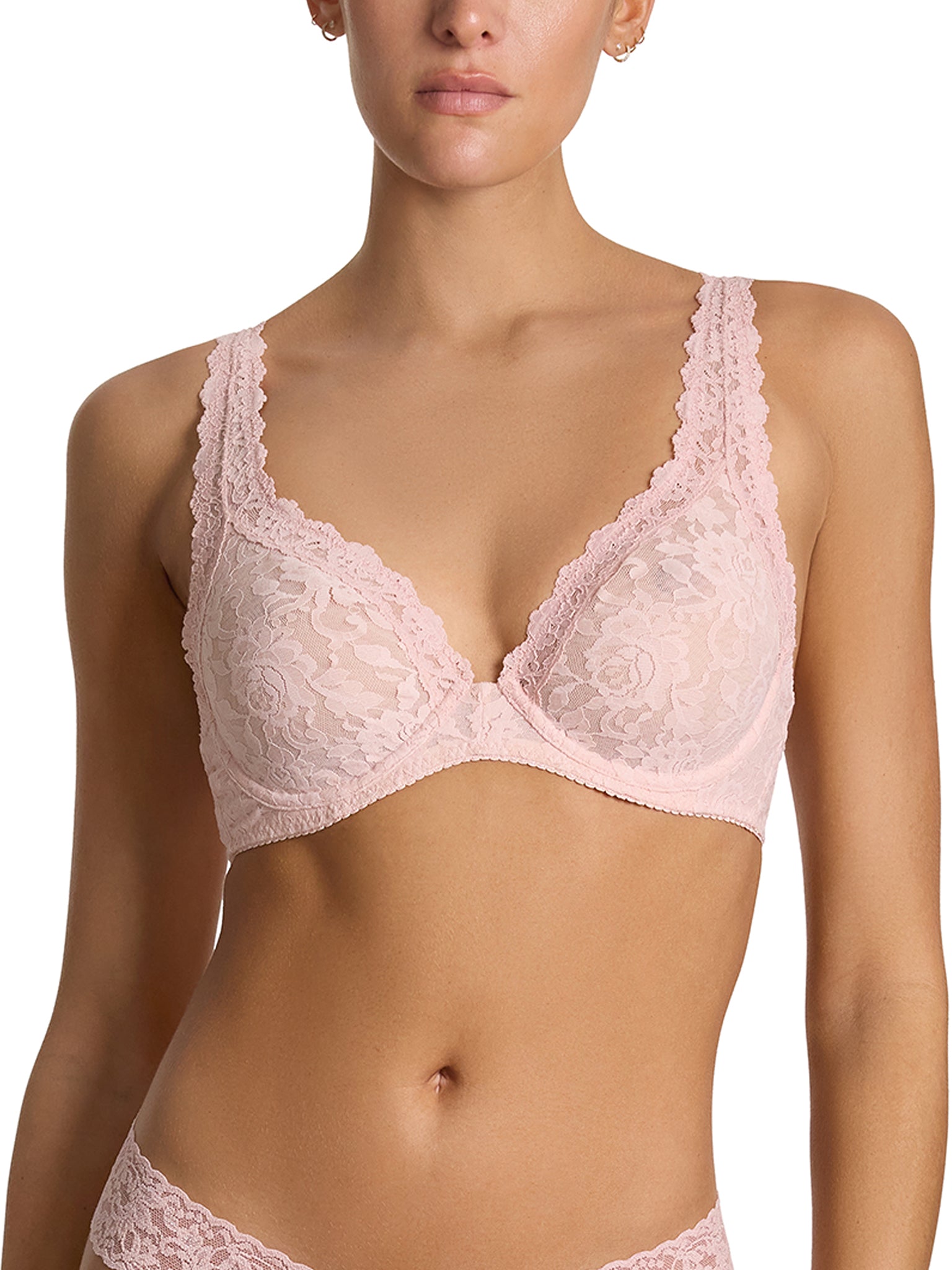 Signature Lace® Unlined Underwire Bra Blushing Rose Pink - Front Close-Up, plunge neckline detail | Hanky Panky