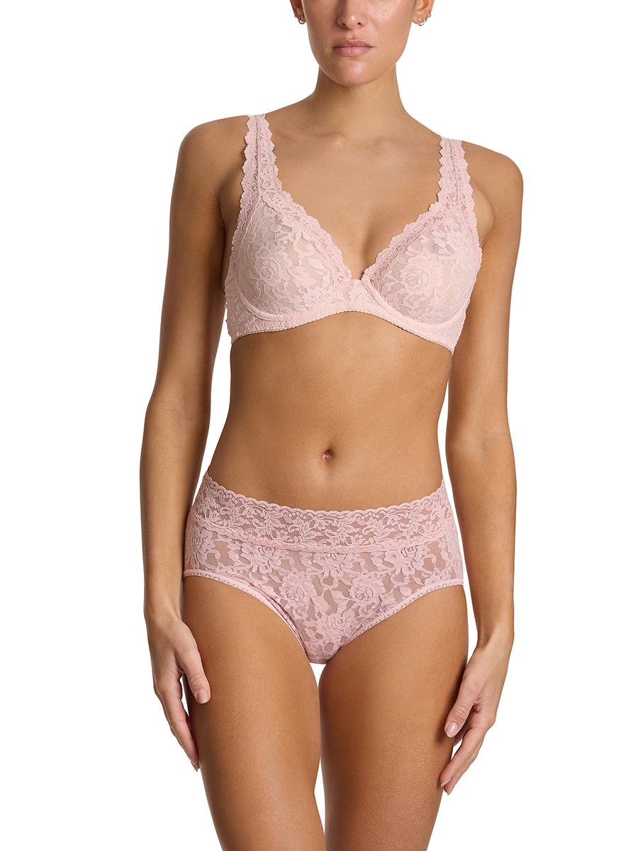 Signature Lace® Unlined Underwire Bra Blushing Rose Pink - Front View, full lace set on model | Hanky Panky