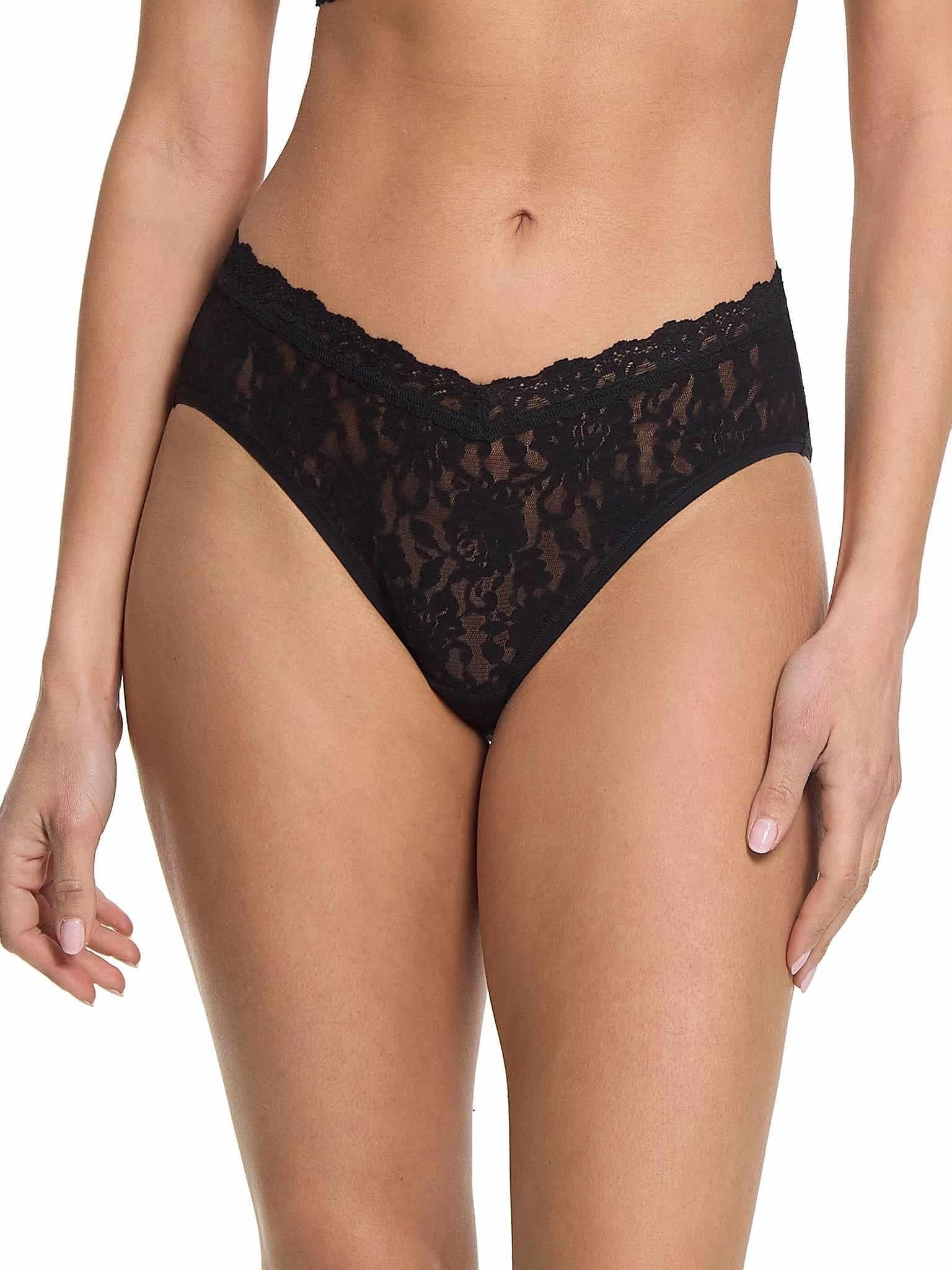 Black Signature Lace® V-Front High Cut Brief - Front View, V-waist lace trim on model | Hanky Panky