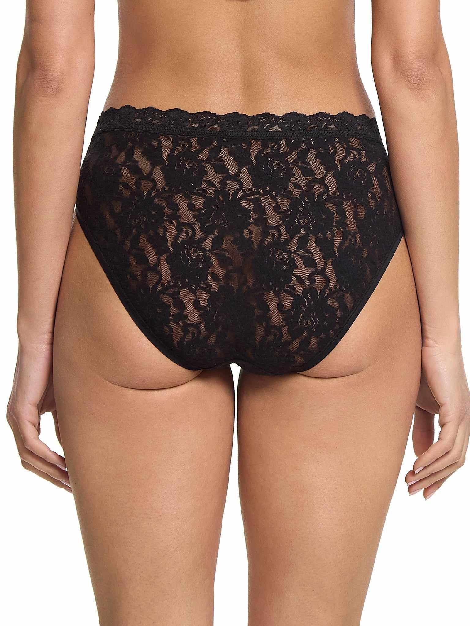 Black Signature Lace® V-Front High Cut Brief - Back View, full coverage stretch lace on model | Hanky Panky