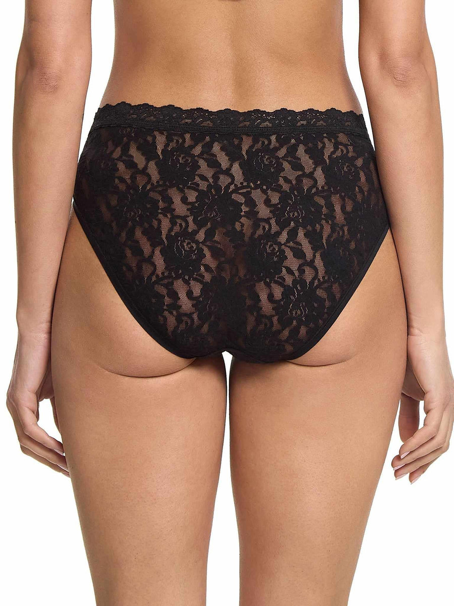 Black Signature Lace® V-Front High Cut Brief - Back View, full coverage stretch lace on model | Hanky Panky