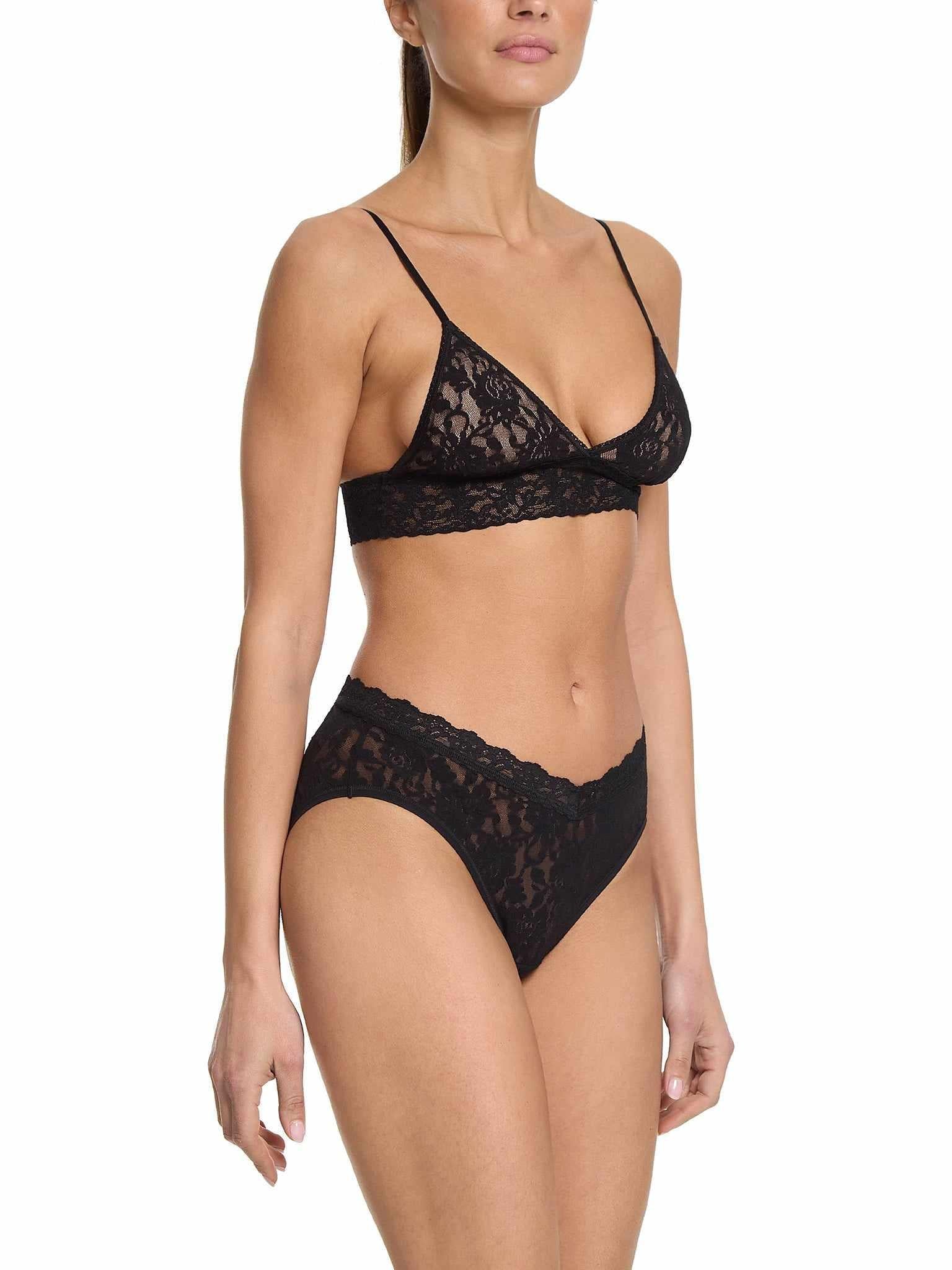 Black Signature Lace® V-Front High Cut Brief paired with matching lace bralette - Side View on model | Hanky Panky