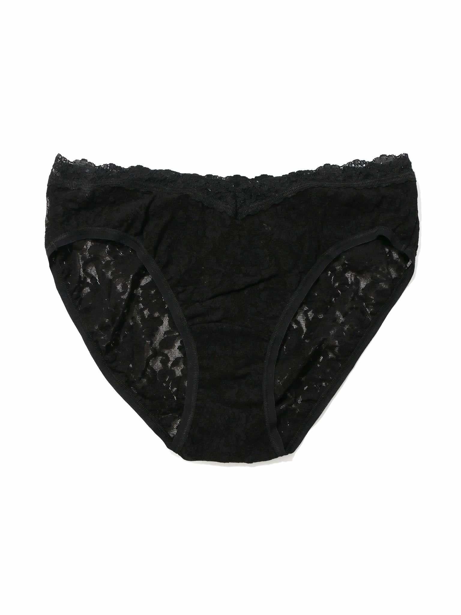 Black Signature Lace® V-Front High Cut Brief - Flat Lay, V-notch waistband and floral lace detail | Hanky Panky