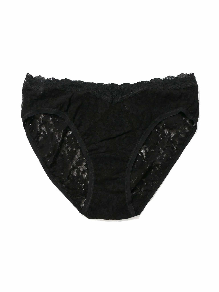 Black Signature Lace® V-Front High Cut Brief - Flat Lay, V-notch waistband and floral lace detail | Hanky Panky