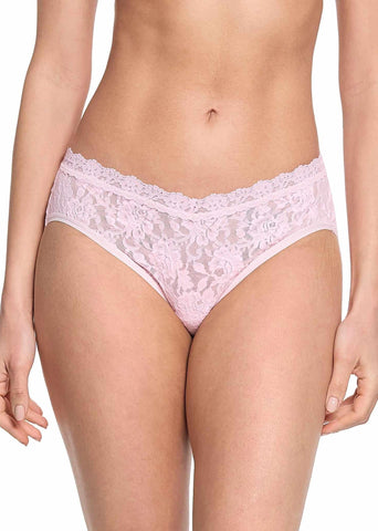 Bliss Pink Signature Lace® V-Front High Cut Brief - Front View On Model, V-Waist Detail | Hanky Panky