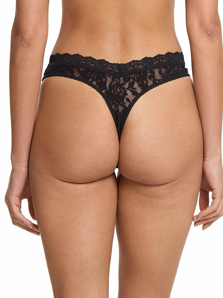 Black Signature Lace® V-Front High Cut Thong - Back View On Model, lace thong fit | Hanky Panky