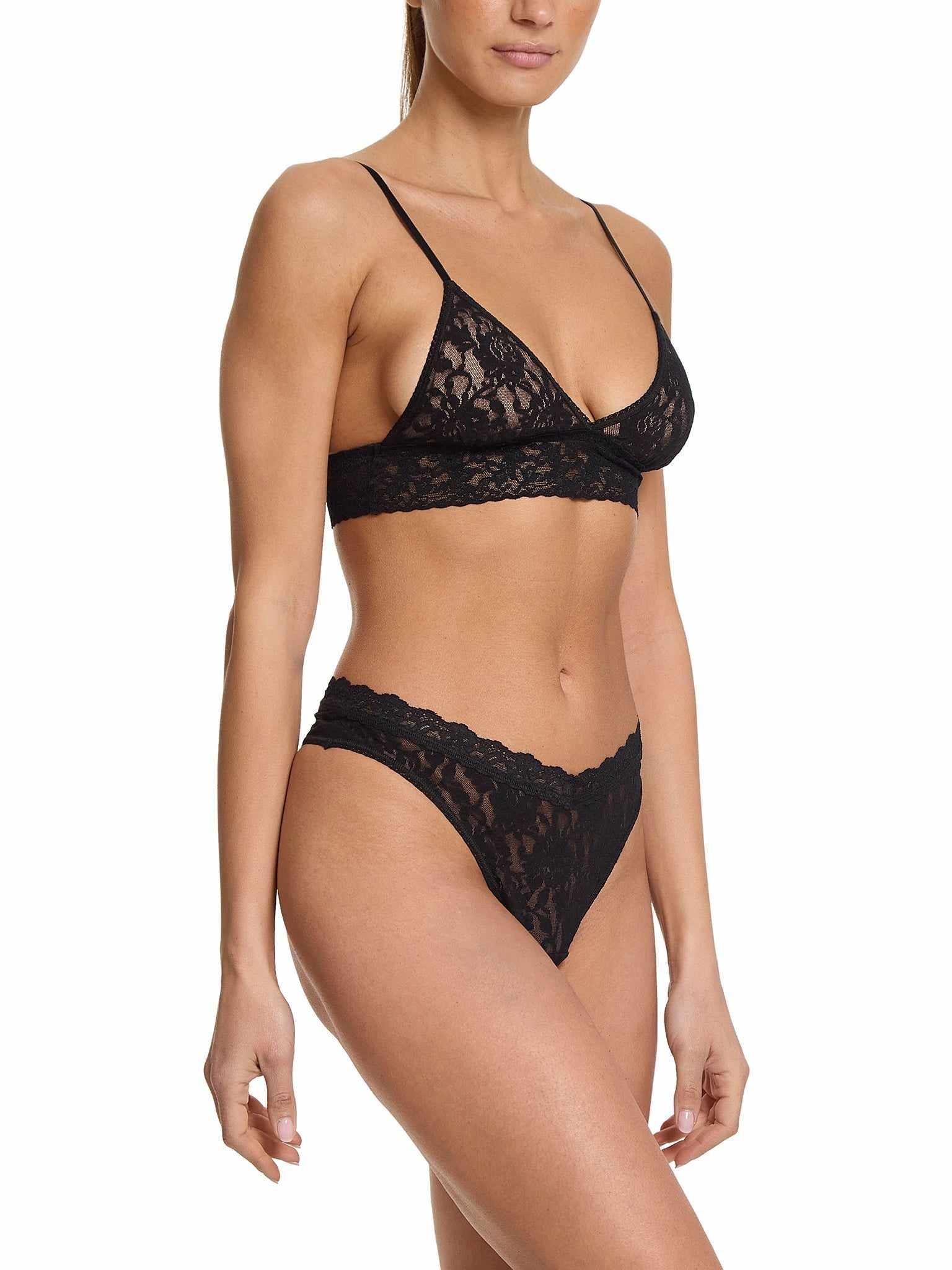 Black Signature Lace® V-Cut High Rise Thong with Matching Lace Bralette - Side View On Model | Hanky Panky