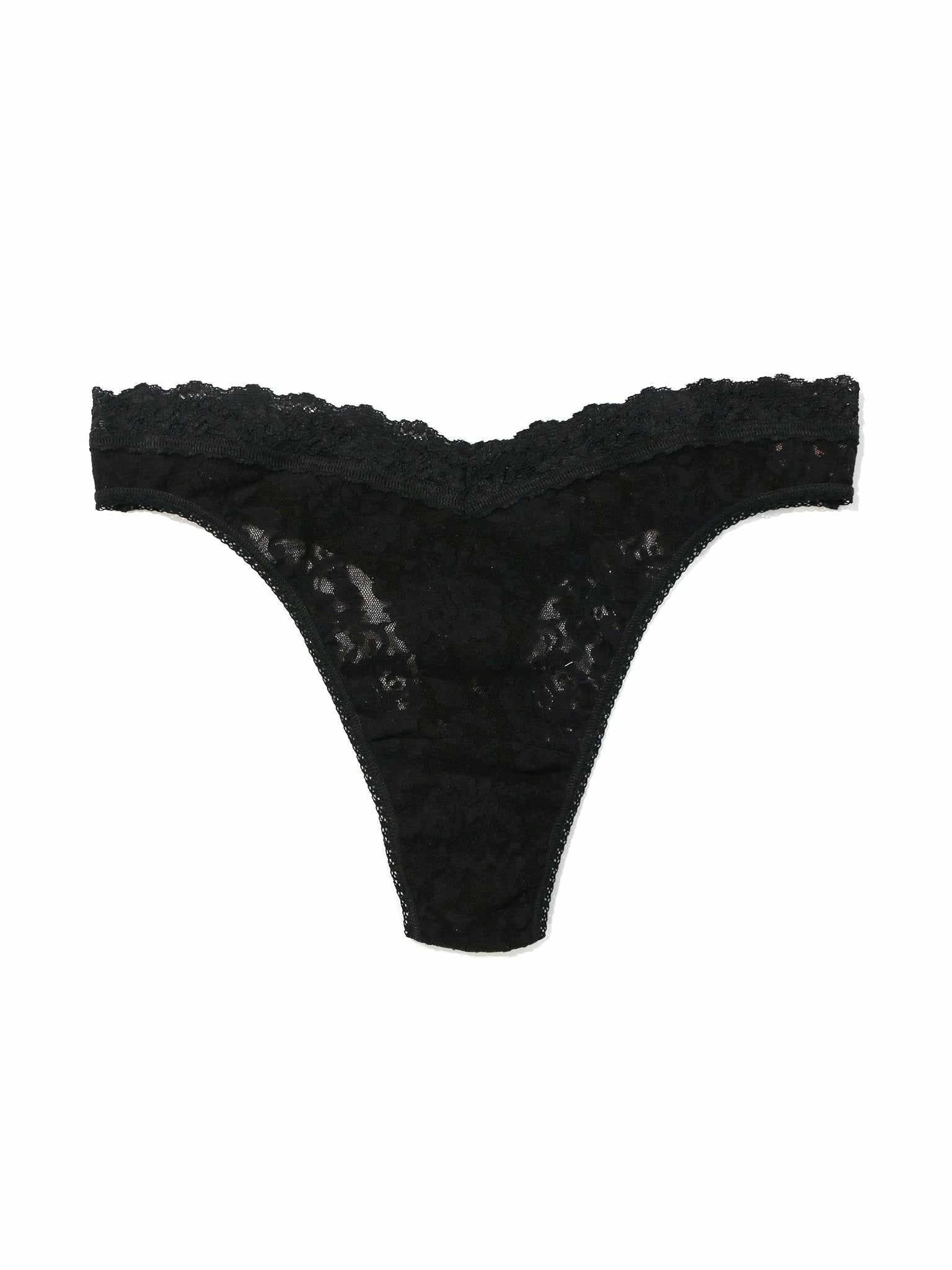 Black Signature Lace® V-Front High Cut Thong - Flat Lay, V-waist lace detail and scalloped trim | Hanky Panky