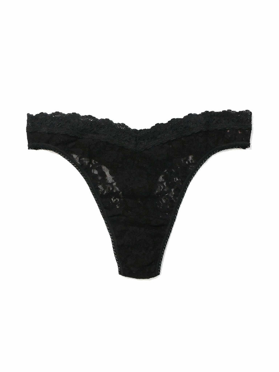 Black Signature Lace® V-Front High Cut Thong - Flat Lay, V-waist lace detail and scalloped trim | Hanky Panky