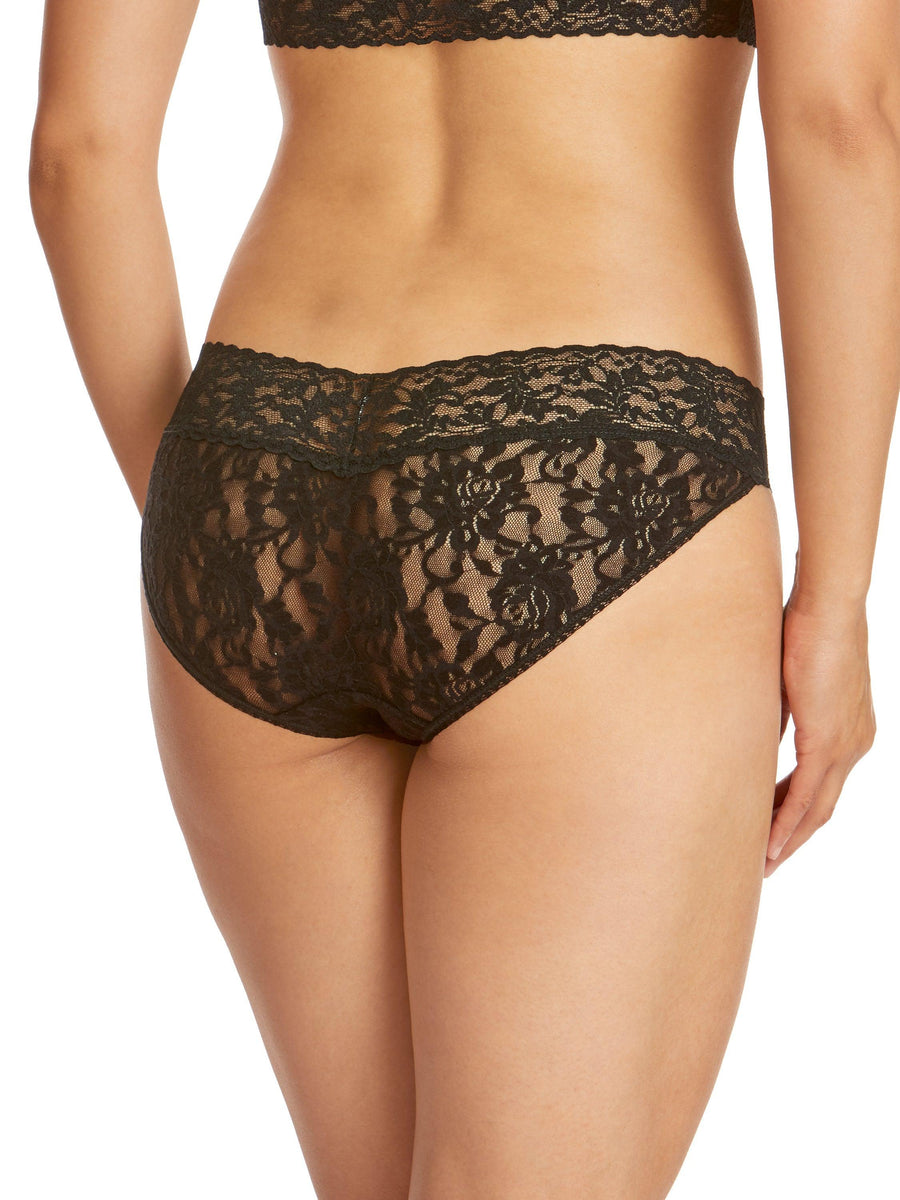 Signature Lace® V-Kini Black - Back View On-Model, sheer floral lace full-coverage cheeky bikini | Hanky Panky