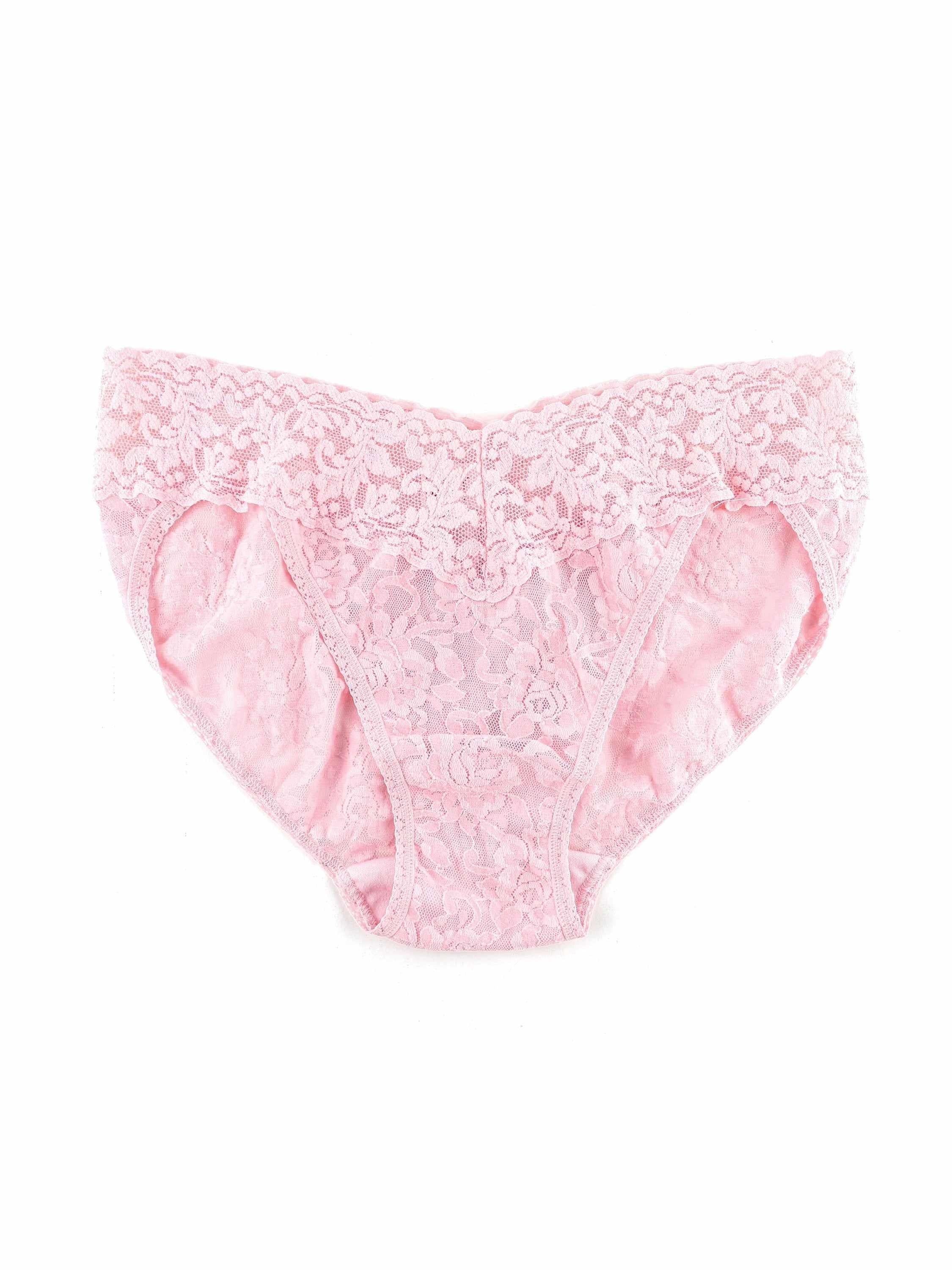 Signature Lace® V-Kini Bliss Pink - Flat Lay Front, pink stretch lace V-kini panty with scalloped waistband | Hanky Panky