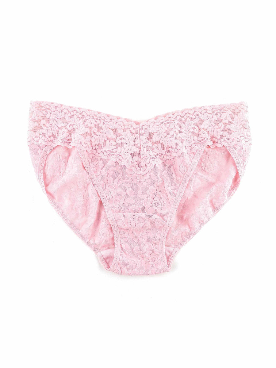 Signature Lace® V-Kini Bliss Pink - Flat Lay Front, pink stretch lace V-kini panty with scalloped waistband | Hanky Panky