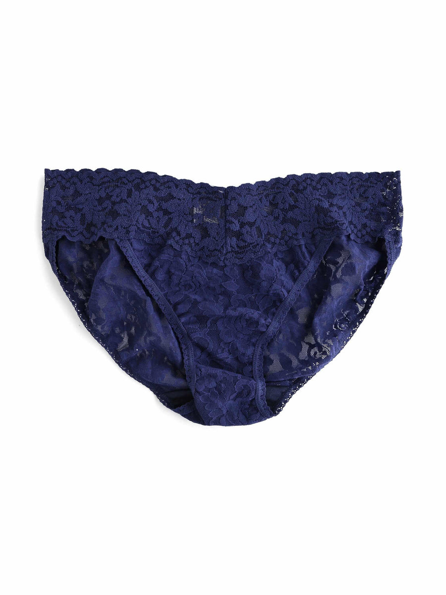 Navy Signature Lace® V-Kini Panty - Flat Lay Front Detail | Hanky Panky