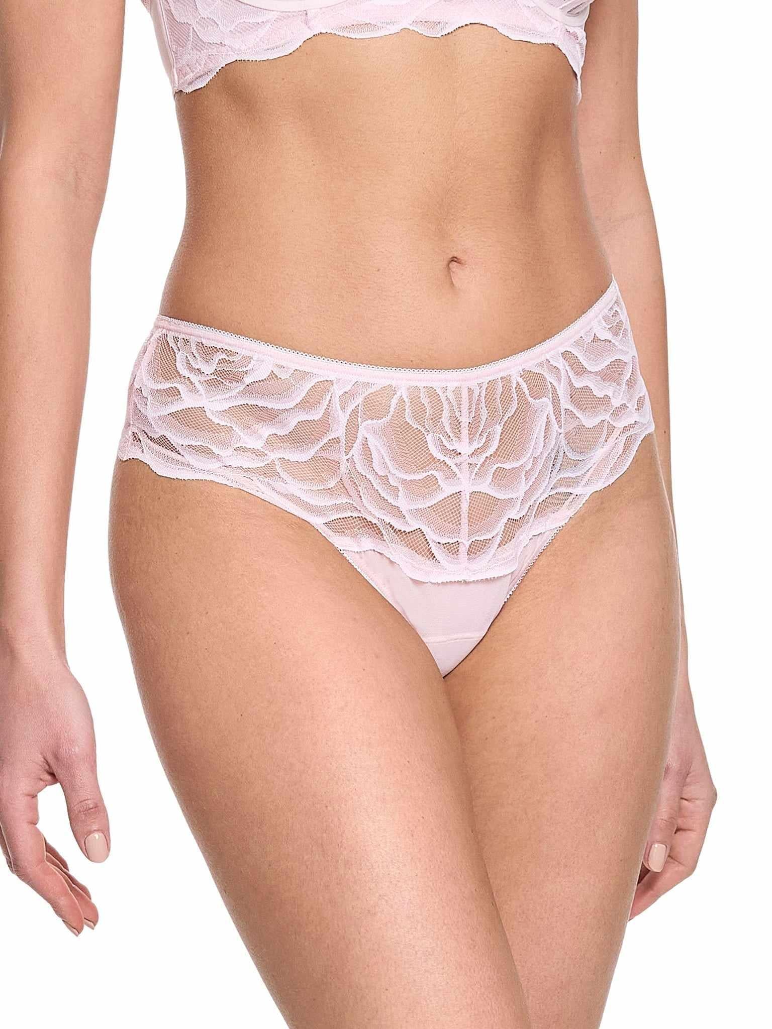Blush Pink Silhouette Floral Cheeky Panty - Front On Model, Sheer Lace Mesh | Hanky Panky