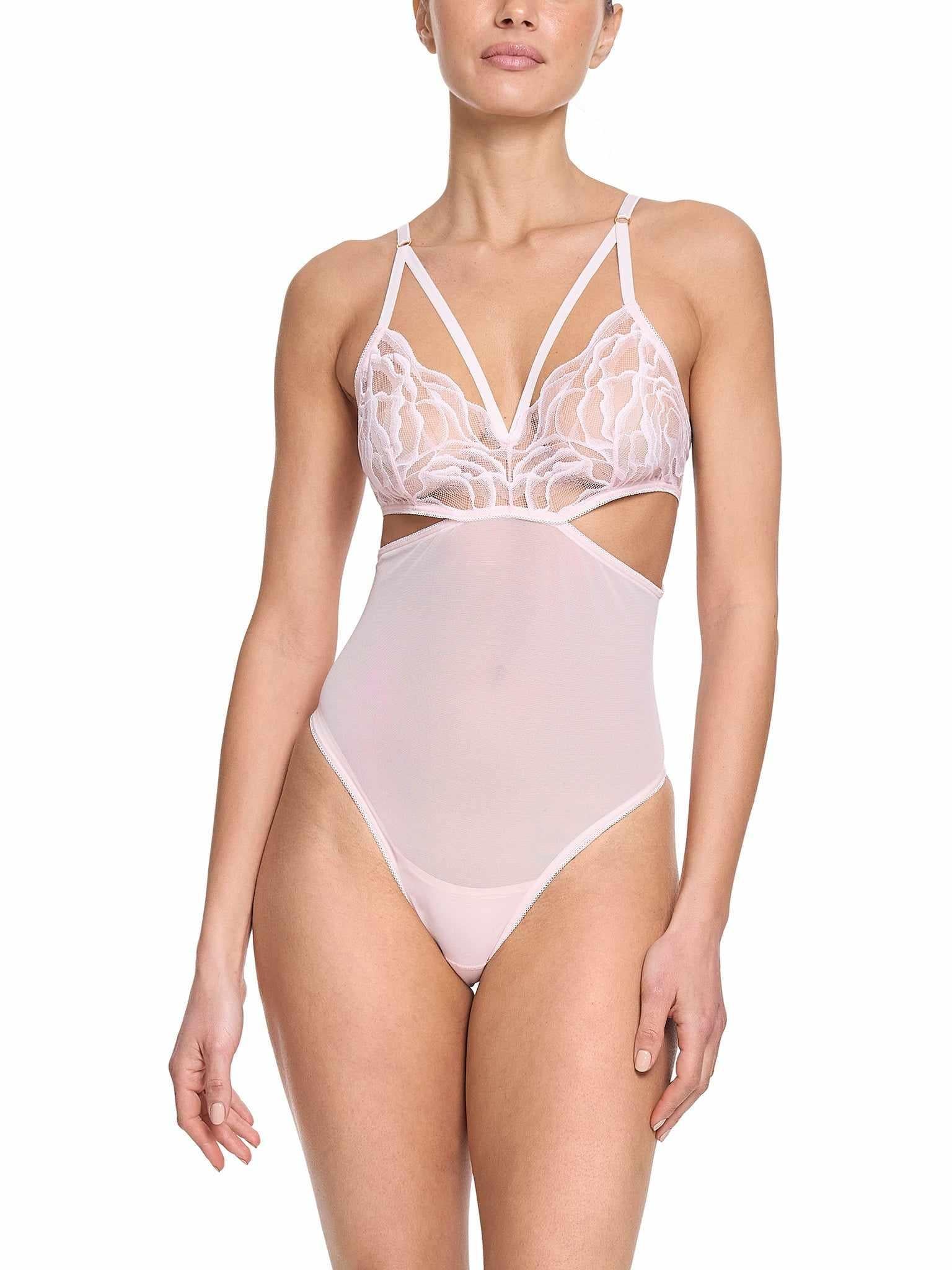 Silhouette Floral Cut Out Teddy Vie En Rose - Front View, Blush Pink Lace & Mesh Lingerie | Hanky Panky