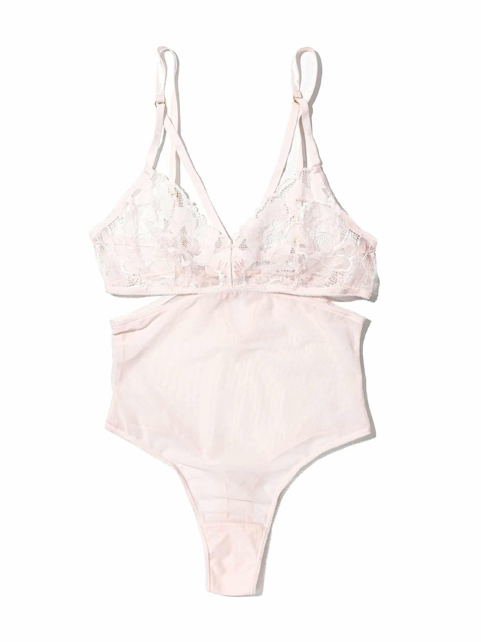 Silhouette Floral Cut Out Teddy Vie En Rose - Flat Lay, Blush Pink Floral Lace Teddy | Hanky Panky