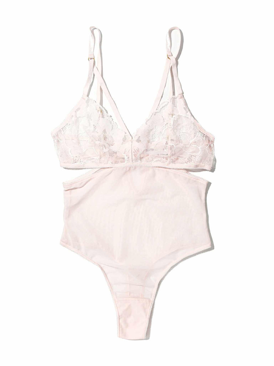 Silhouette Floral Cut Out Teddy Vie En Rose - Flat Lay, Blush Pink Floral Lace Teddy | Hanky Panky