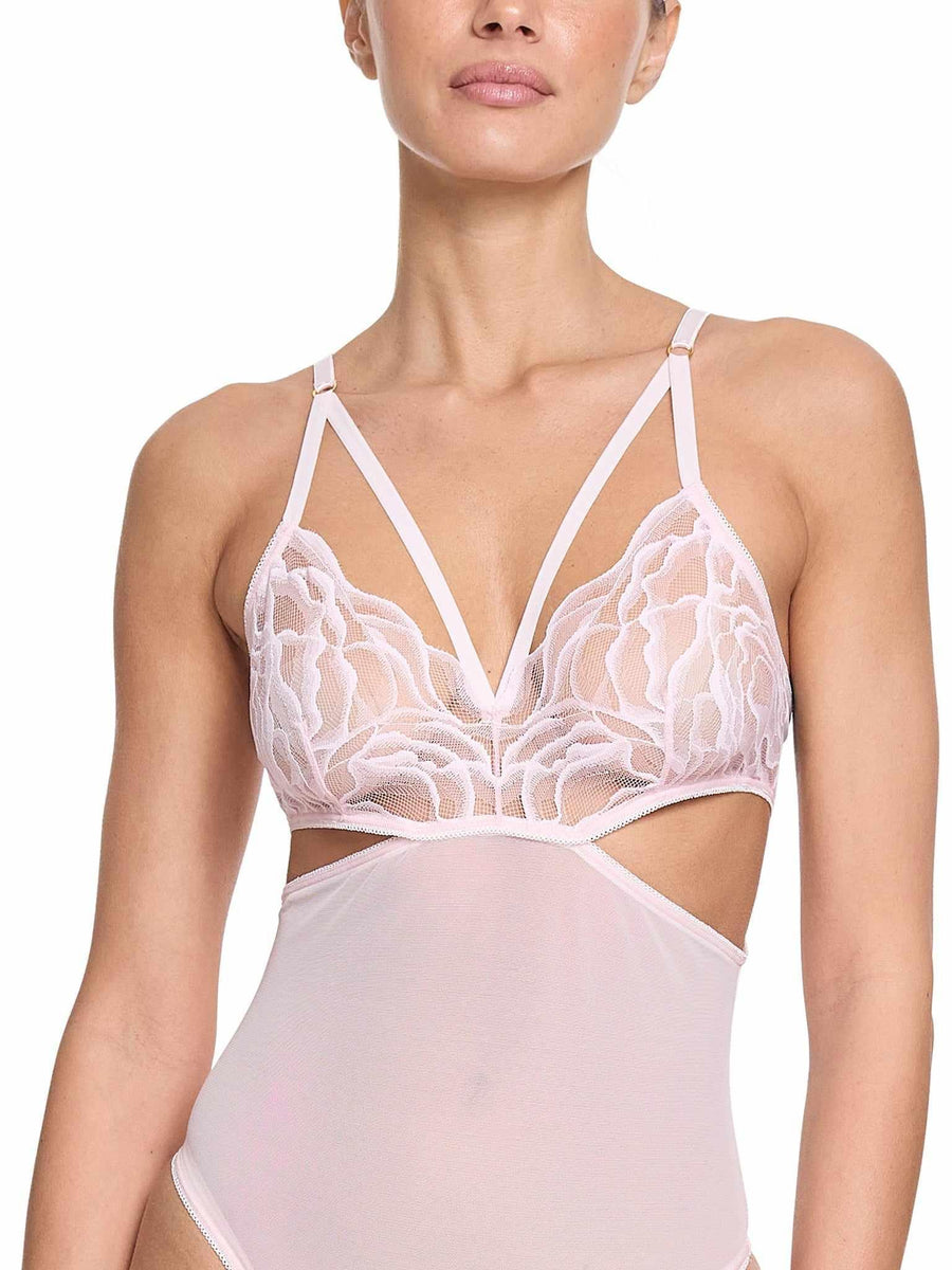 Silhouette Floral Cut Out Teddy Vie En Rose - Strappy Lace Décolletage Detail, On Model | Hanky Panky