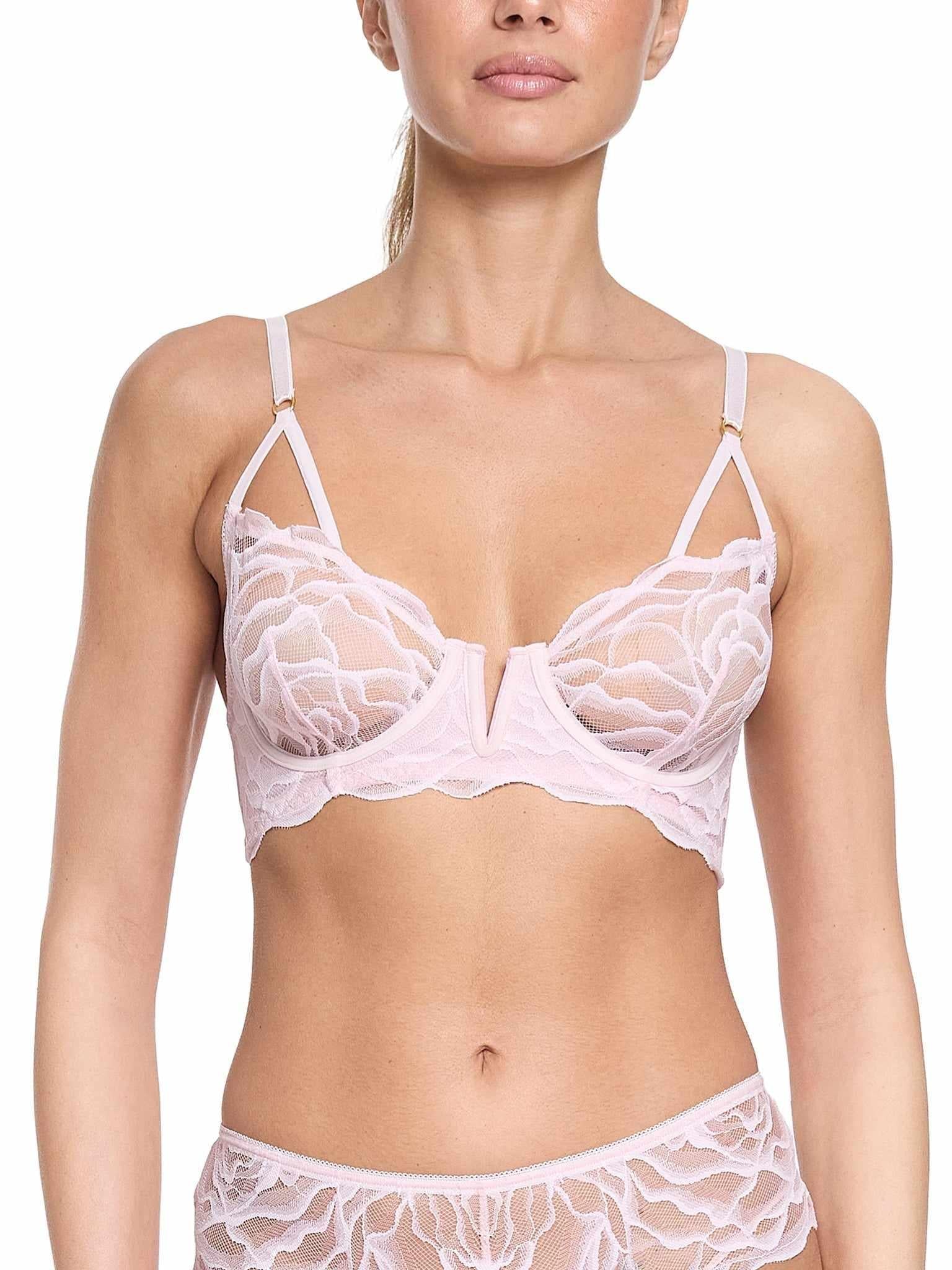 Blush Pink Silhouette Floral Underwire Bra - Front Close-Up, Strappy Detail & Scallop Lace Edge | Hanky Panky