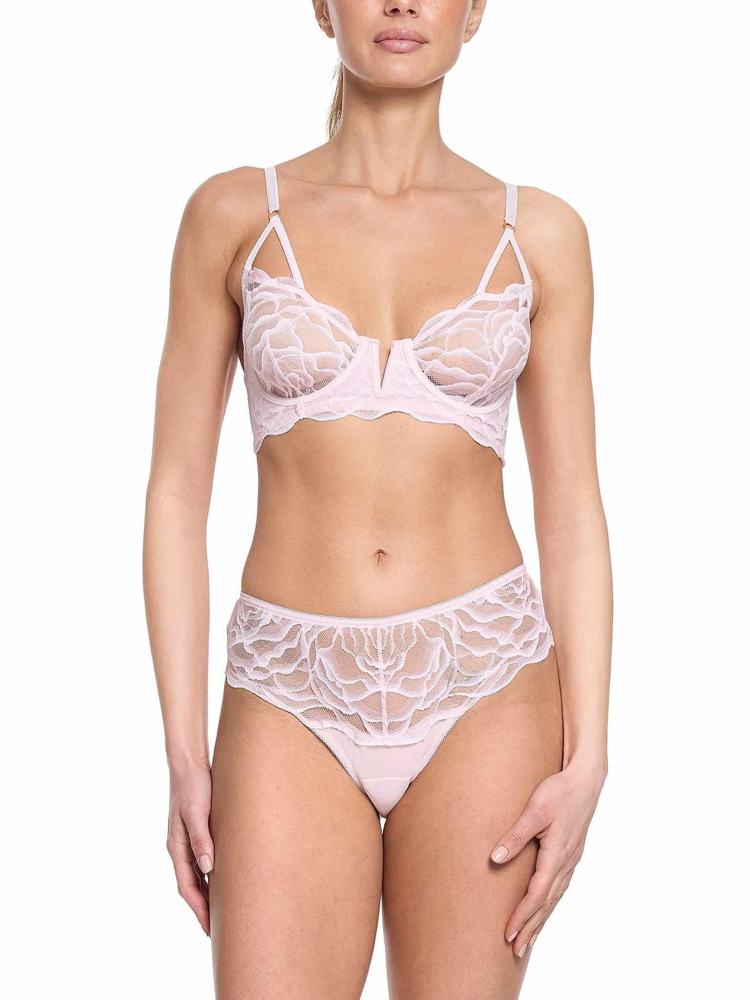 Blush Pink Silhouette Floral Lace Underwire Bra - Front On Model with Matching Lace Lingerie Set | Hanky Panky