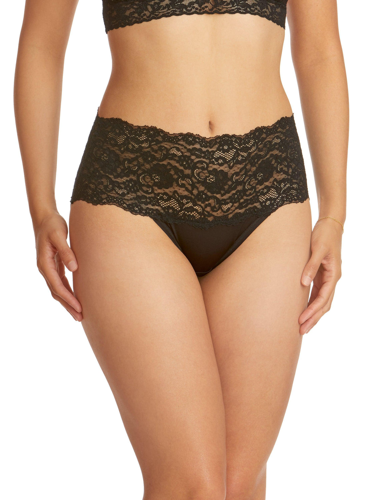 Black Silky Skin High Rise Panty with Wide Floral Lace Waistband - Front View | Hanky Panky