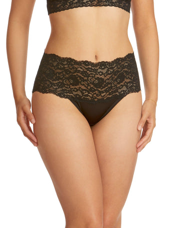 Black Silky Skin High Rise Panty with Wide Floral Lace Waistband - Front View | Hanky Panky