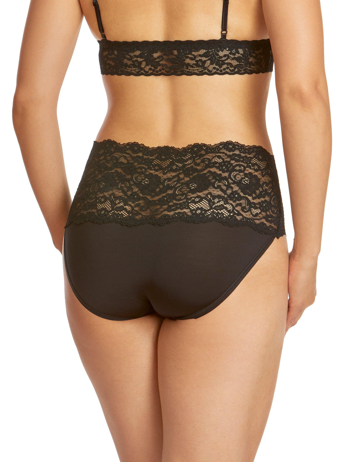 Black Silky Skin High Rise Panty with Wide Floral Lace Waistband - Back View | Hanky Panky