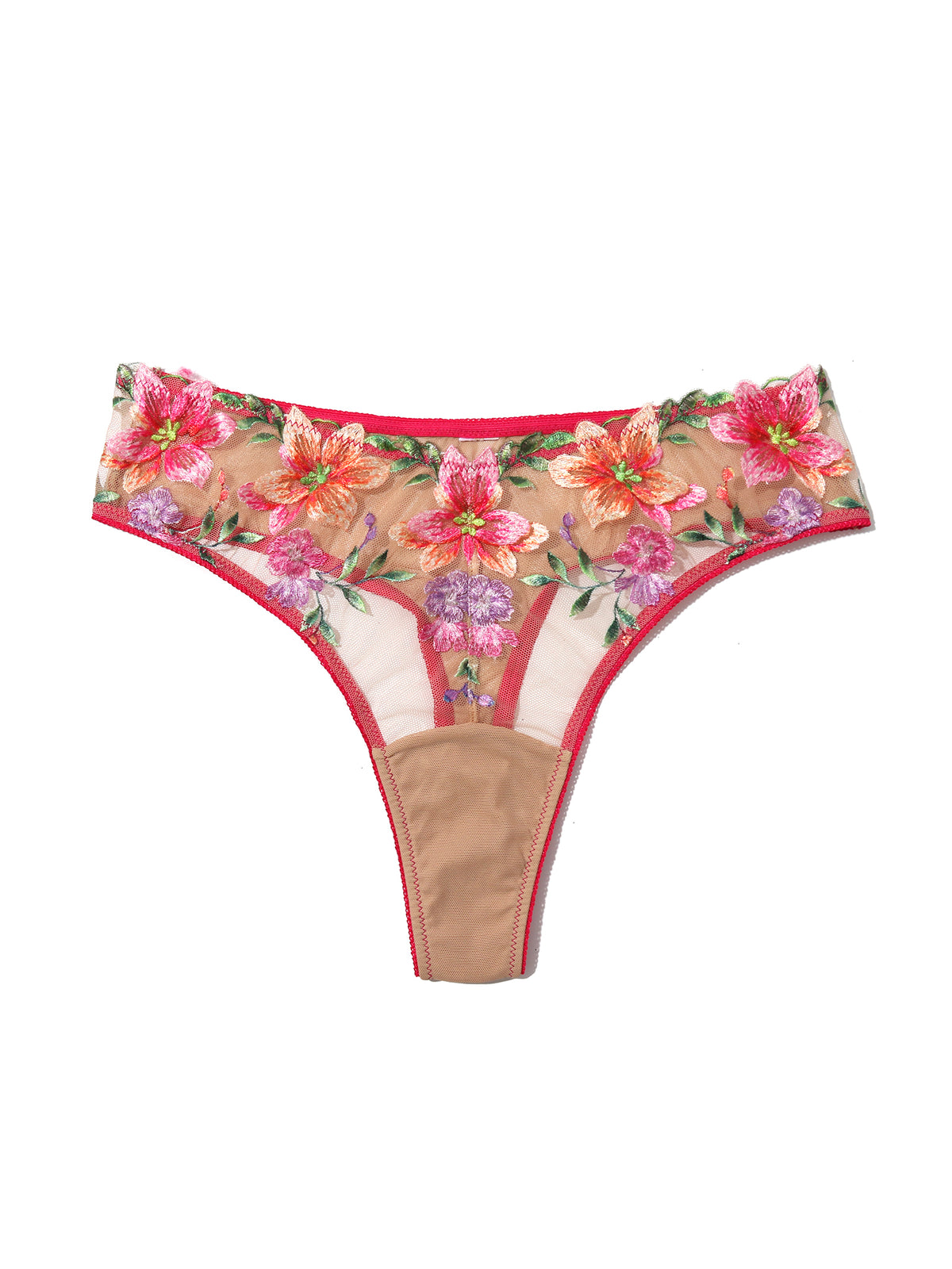 Something About You Thong Spring Awakening - Pink Floral Embroidered Mesh Flat Lay Front | Hanky Panky