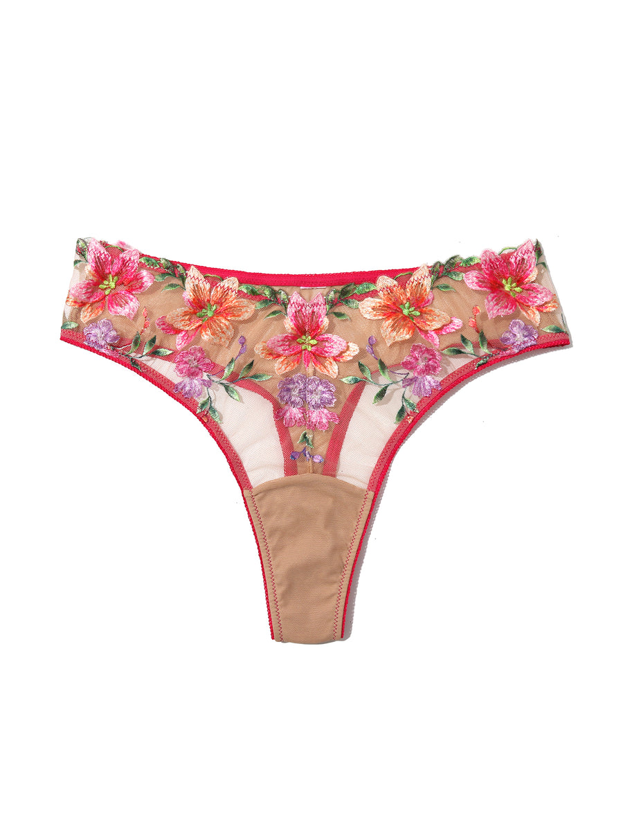 Something About You Thong Spring Awakening - Pink Floral Embroidered Mesh Flat Lay Front | Hanky Panky