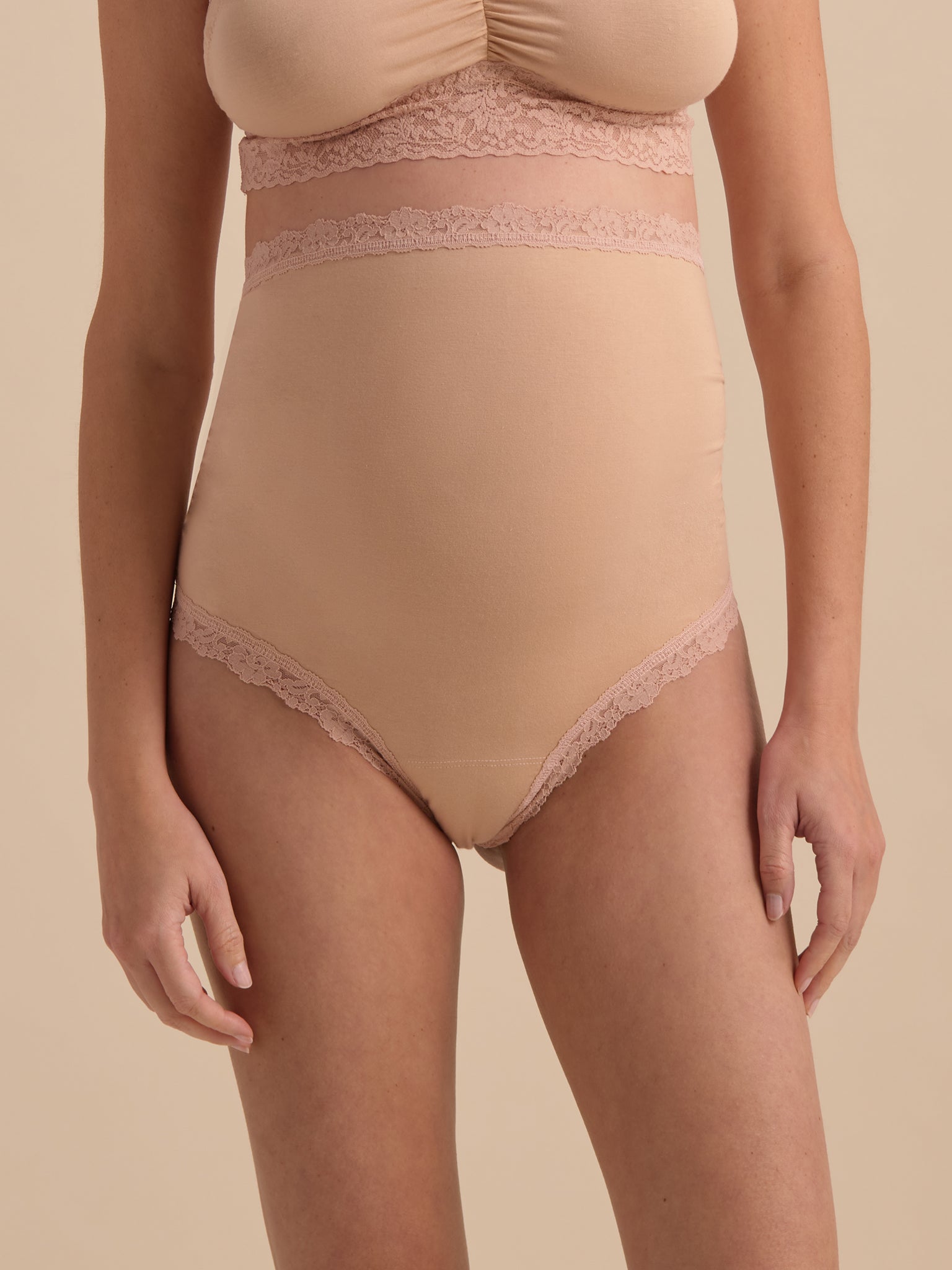 Chai Supima Cotton Maternity Over The Bump Thong - Front Close-Up, Over-Bump Panel & Lace Waistband Detail | Hanky Panky