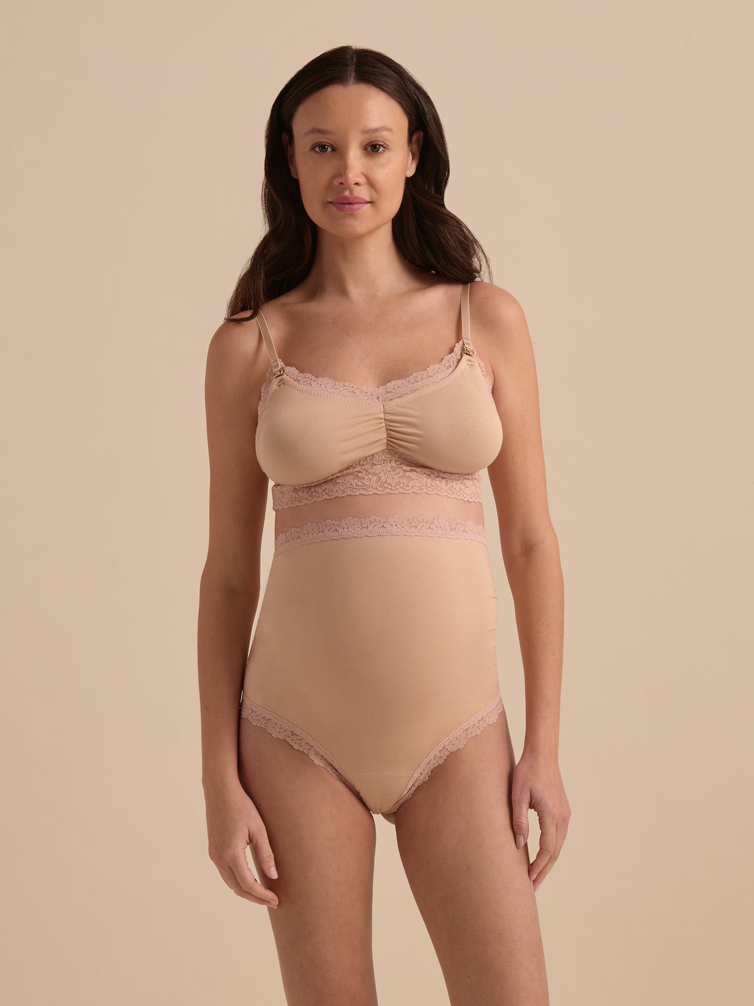 Chai Supima Cotton Maternity Over The Bump Thong - Full Front View on Pregnant Model, Coordinating Set | Hanky Panky
