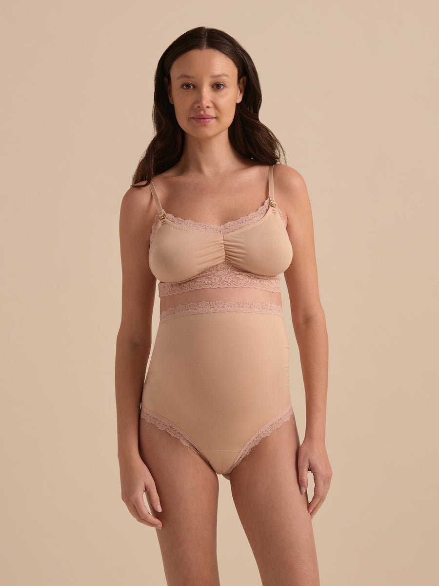 Chai Supima Cotton Maternity Over The Bump Thong - Full Front View on Pregnant Model, Coordinating Set | Hanky Panky