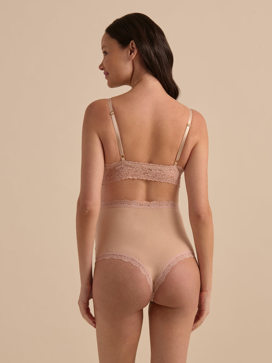 Chai Supima Cotton Maternity Over The Bump Thong - Back View on Model, Lace Trim & Thong Silhouette | Hanky Panky