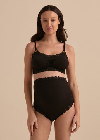 Black Supima® Cotton Nursing Bralette with Lace Trim - Front On-Model Full Length | Hanky Panky