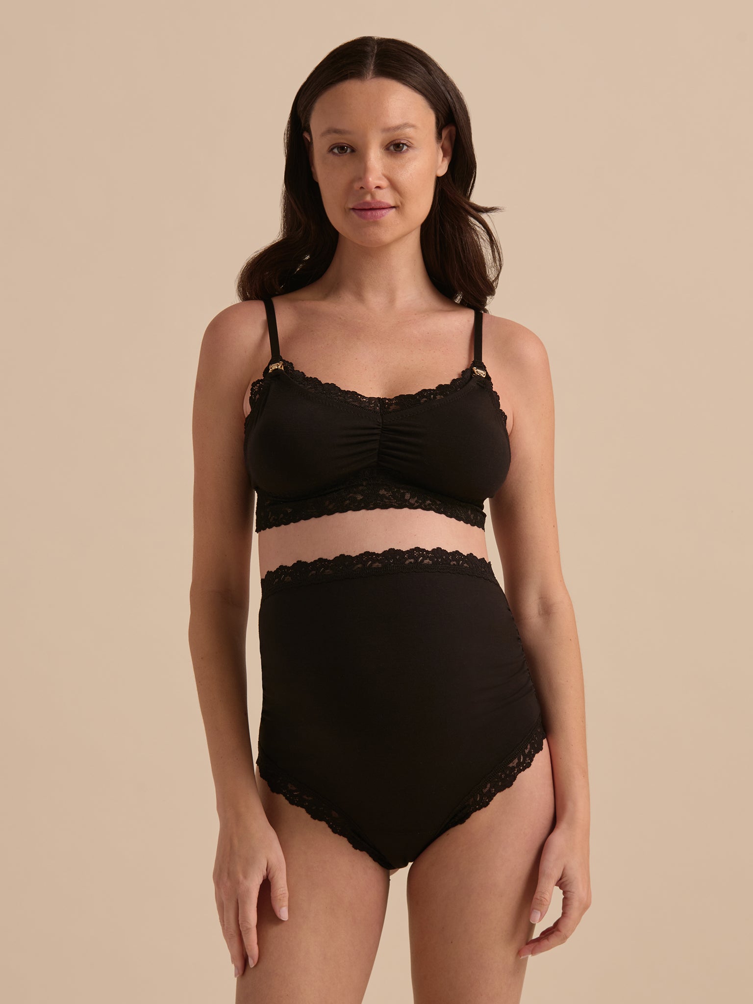 Black Supima Cotton Nursing Bralette with Lace Trim - Front On-Model | Hanky Panky