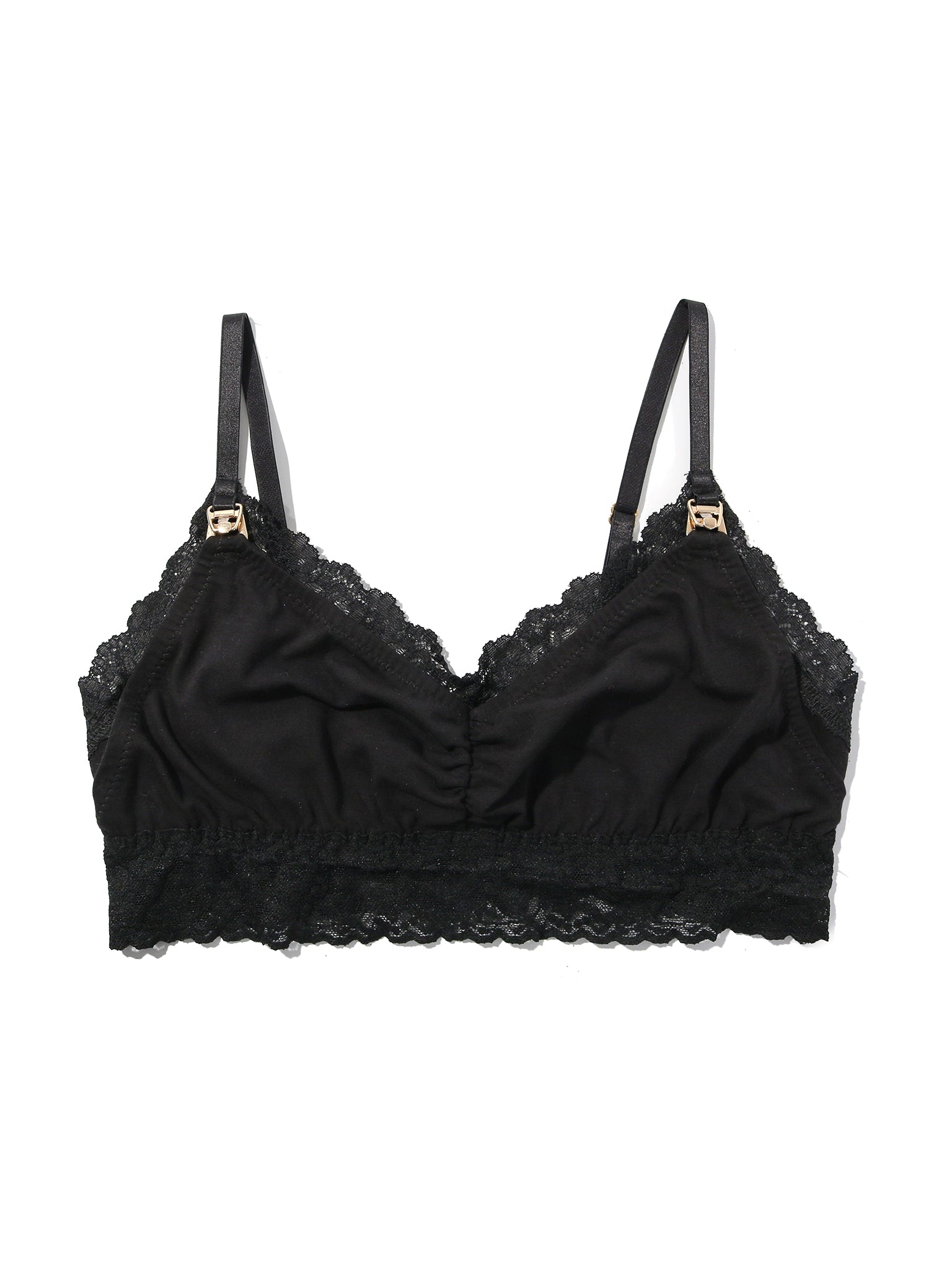 Black Supima Cotton Lace-Trim Nursing Bralette - Flat Lay Front View | Hanky Panky