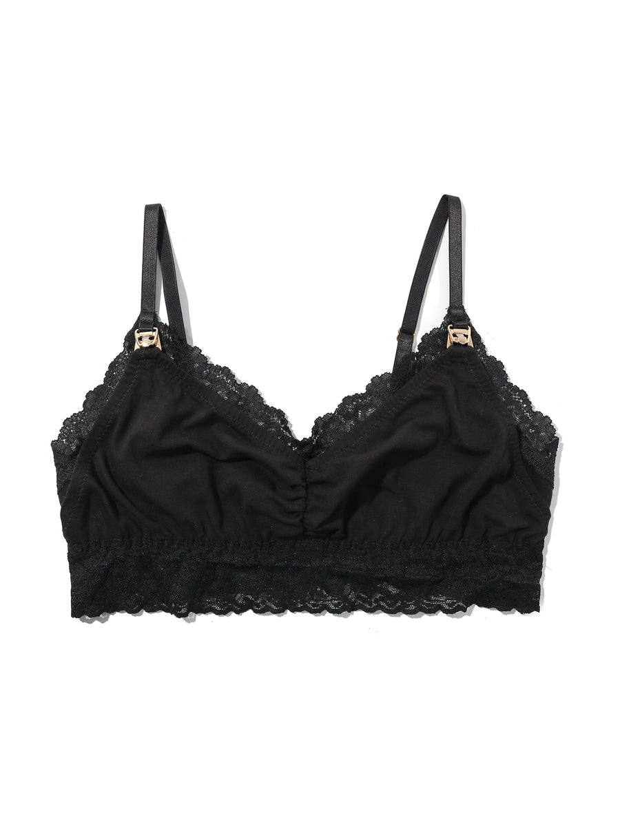 Black Supima Cotton Lace-Trim Nursing Bralette - Flat Lay Front View | Hanky Panky