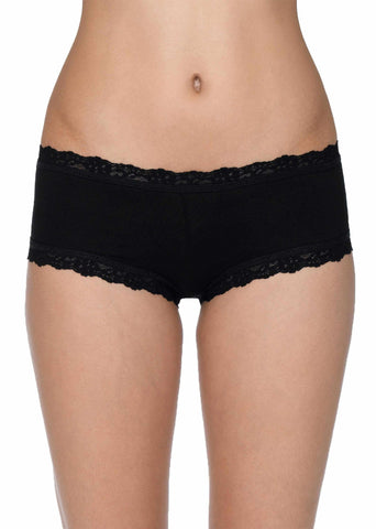 Black Supima® Cotton Boyshort with Lace Trim - Front On-Model View | Hanky Panky