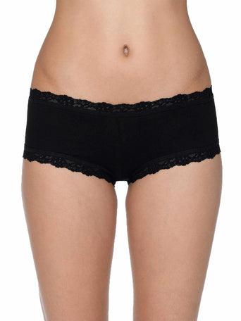 Black Supima® Cotton Boyshort with Lace Trim - Front On-Model View | Hanky Panky