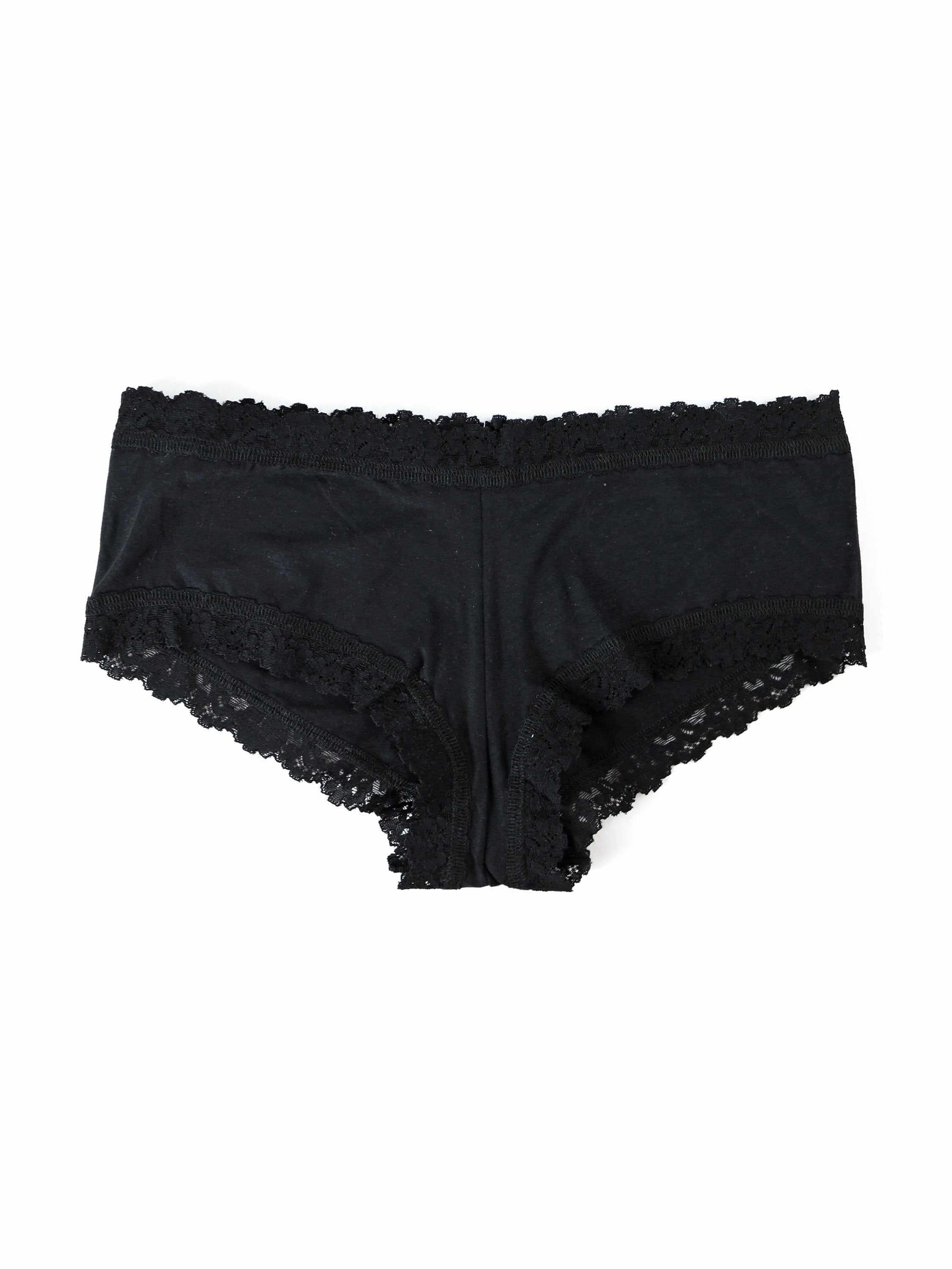 Black Supima® Cotton Boyshort with Lace Trim - Flat Lay Front View | Hanky Panky