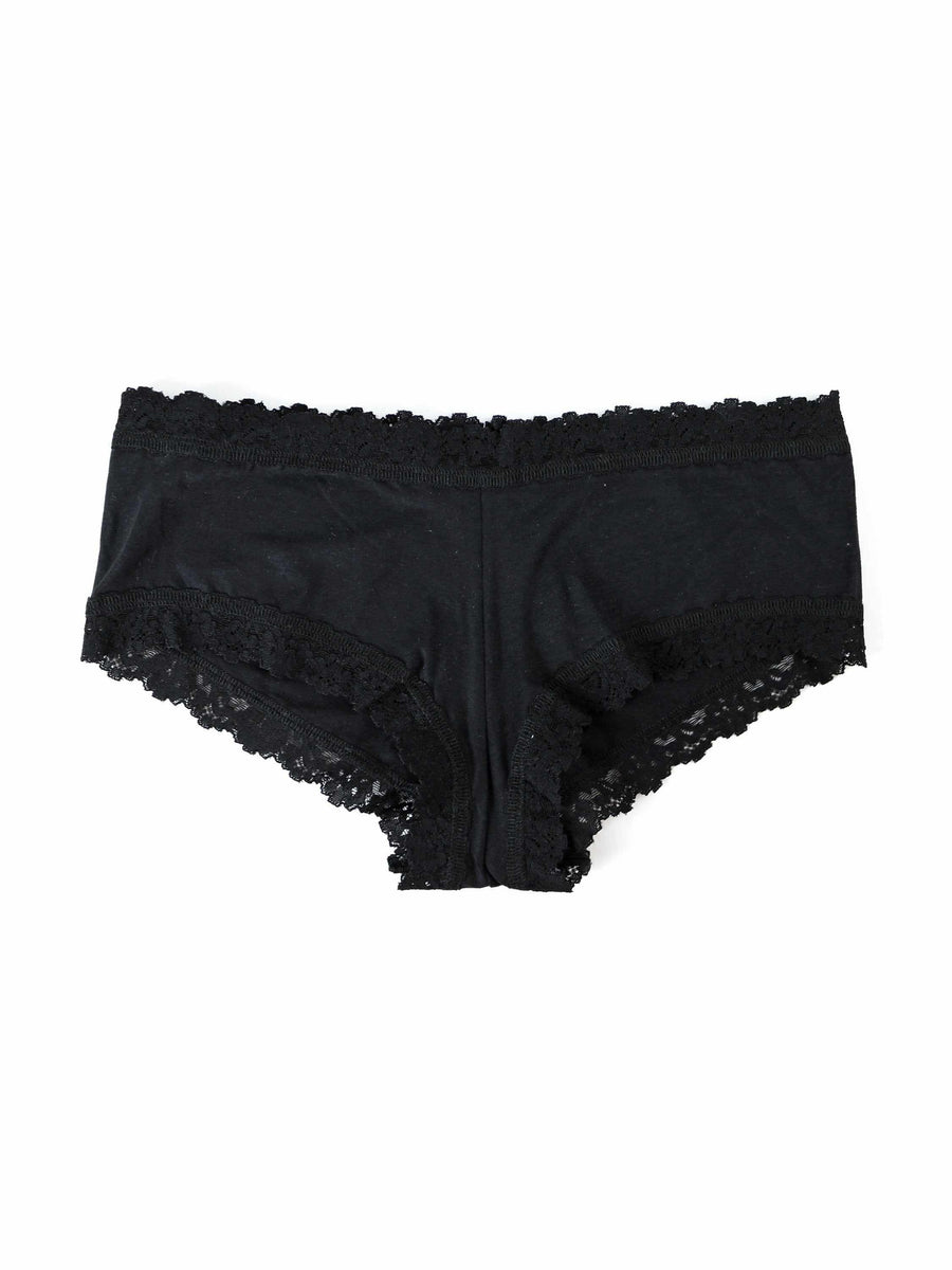 Black Supima® Cotton Boyshort with Lace Trim - Flat Lay Front View | Hanky Panky