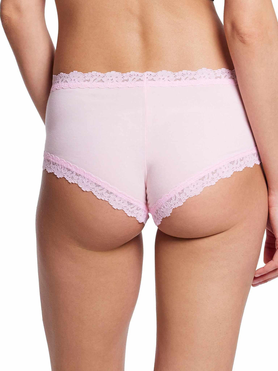 Bliss Pink Supima® Cotton Boyshort with Lace Trim - Back View On Model | Hanky Panky