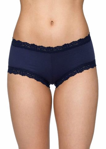 Navy Supima® Cotton Boyshort with lace trim - Front On-Model View | Hanky Panky