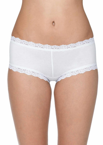 White Supima® Cotton Boyshort with Lace Trim - Front View On Model | Hanky Panky