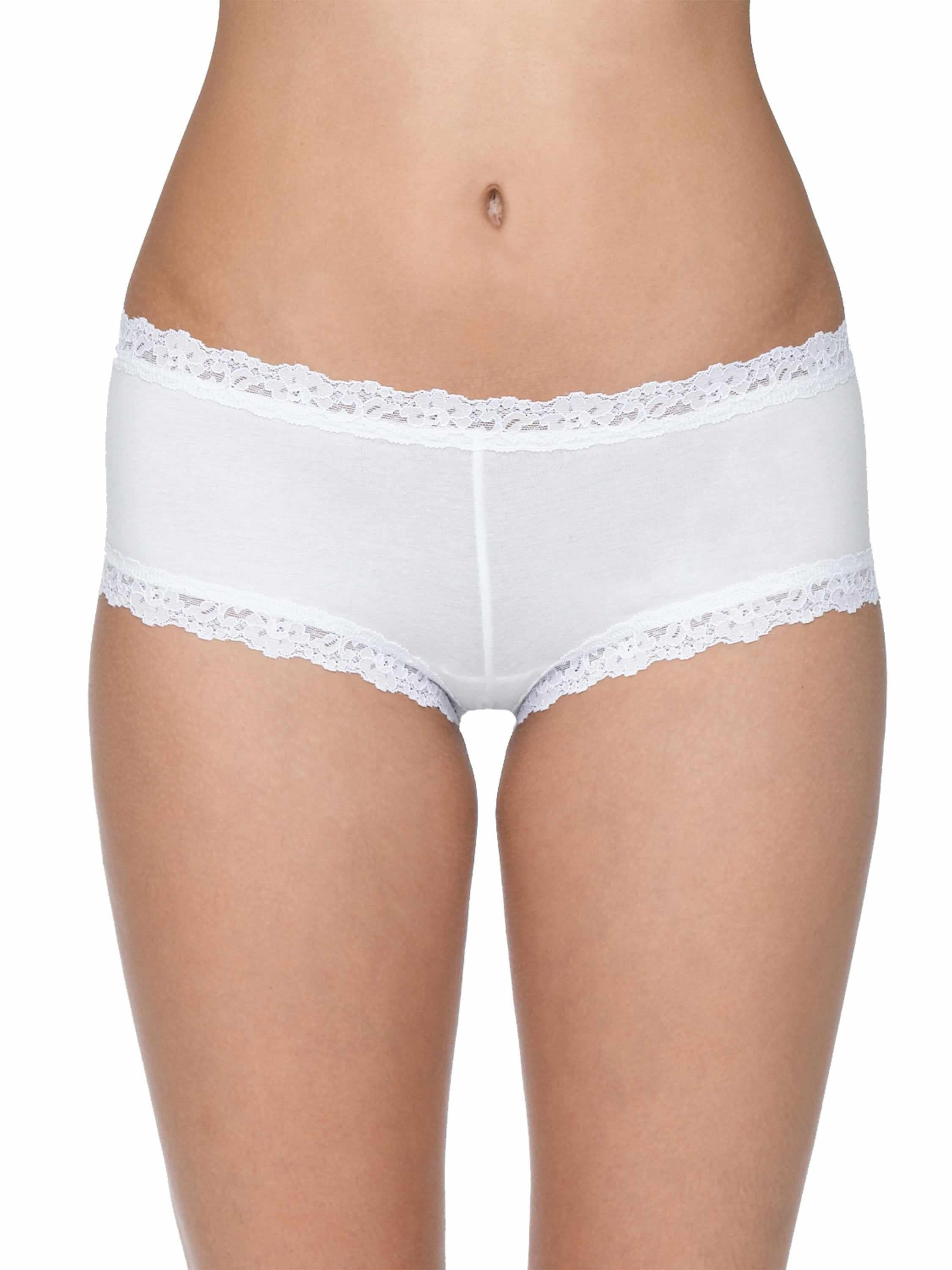 White Supima® Cotton Boyshort with Lace Trim - Front View On Model | Hanky Panky